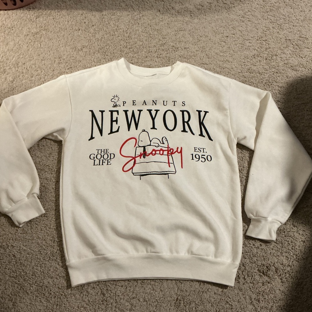 Peanuts White Crew Neck Sweater with Red and Black Accents